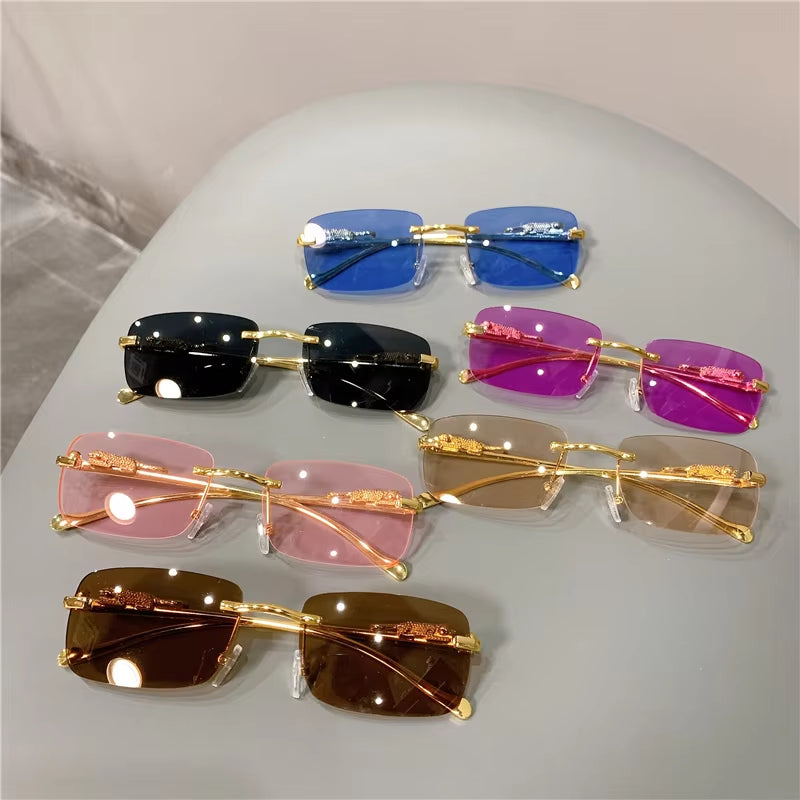 Vintage Sunglasses Rimless Cut Edge Women'S Sunglasses Fashion Designer Shades Luxury Golden Leopard Frame Sunglasses UV400