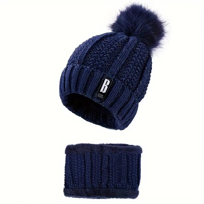 2PCS Winter Warm Knit Hat Set Winter Hat Thick Plush Windproof Cold Casual Warm Hat Scarf