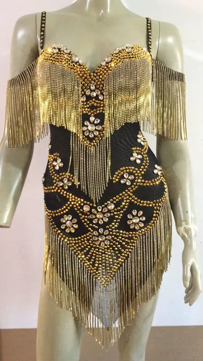 Rhinestones Fringes Mesh Sexy Bodysuit Women Birthday Celebrate Dress Costumes Outfit Prom Birthday Outfit