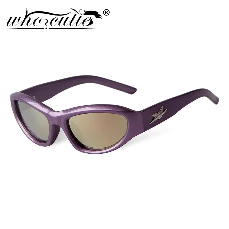 Steampunk Cat Eye Purple Mirror Sunglasses Women Brand Rectangle Y2K Trendy Sport Cycling Shades Eyewear Star Rivets Sun Glasses