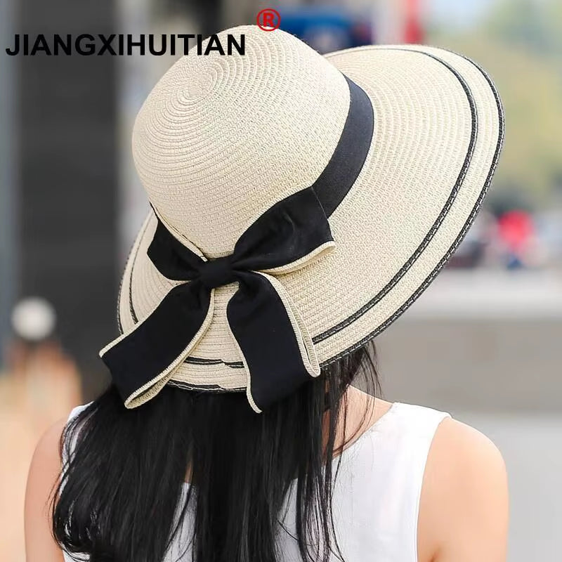 Sun Hat Big Black Bow Summer Hats for Women Foldable Straw Beach Panama Hat Visor Wide Brim Femme Female 2018 New