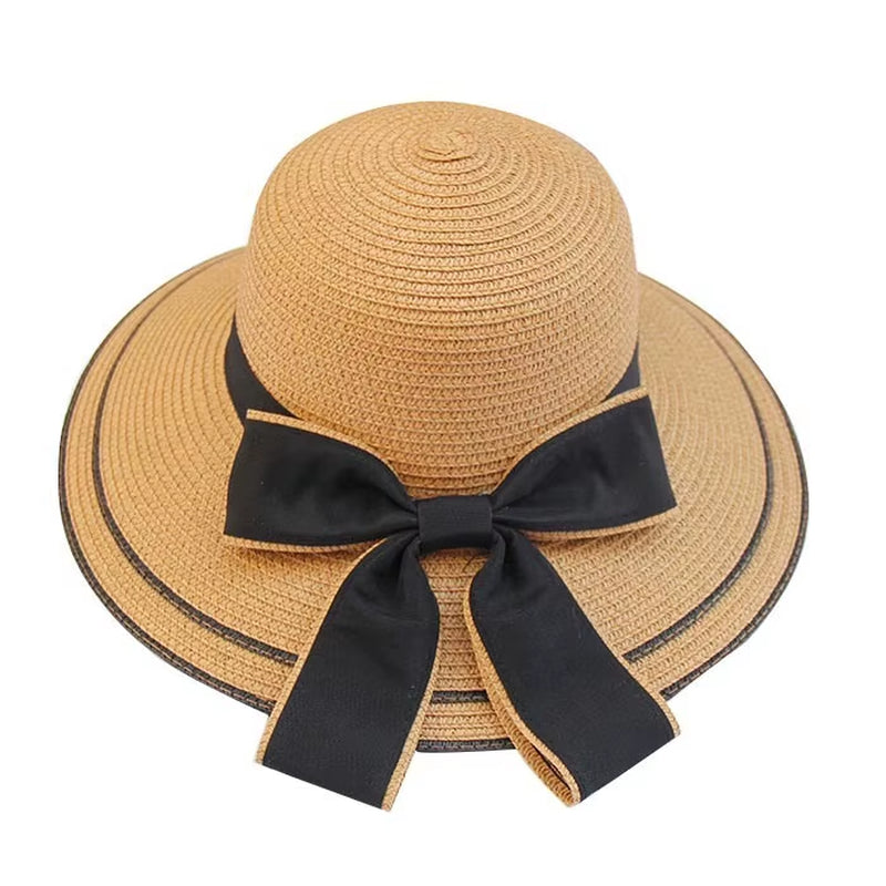 Sun Hat Big Black Bow Summer Hats for Women Foldable Straw Beach Panama Hat Visor Wide Brim Femme Female 2018 New