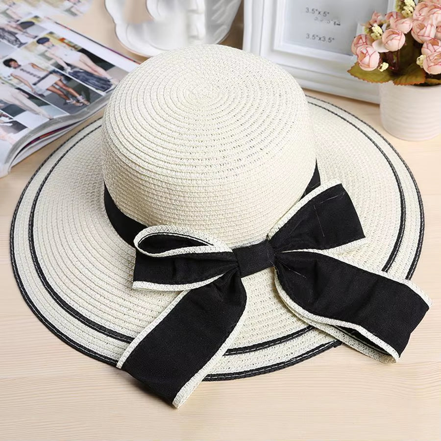 Sun Hat Big Black Bow Summer Hats for Women Foldable Straw Beach Panama Hat Visor Wide Brim Femme Female 2018 New