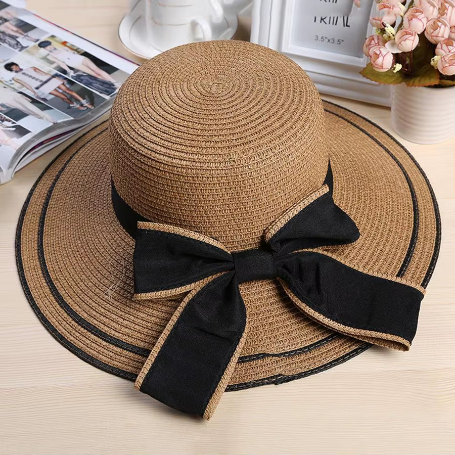 Sun Hat Big Black Bow Summer Hats for Women Foldable Straw Beach Panama Hat Visor Wide Brim Femme Female 2018 New